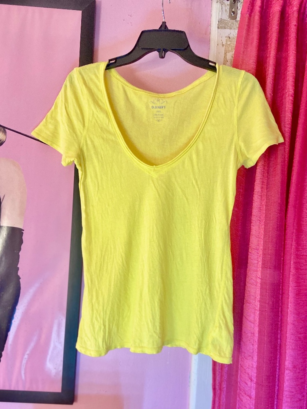 Y2k Vintage Old Navy Neon Highlighter Yellow T-Shirt V-Neck Casual Womens Medium